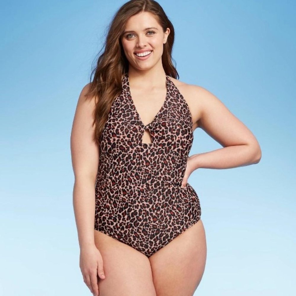NEW Kona Sol Leopard Twist-Front One Piece Halter Swimsuit